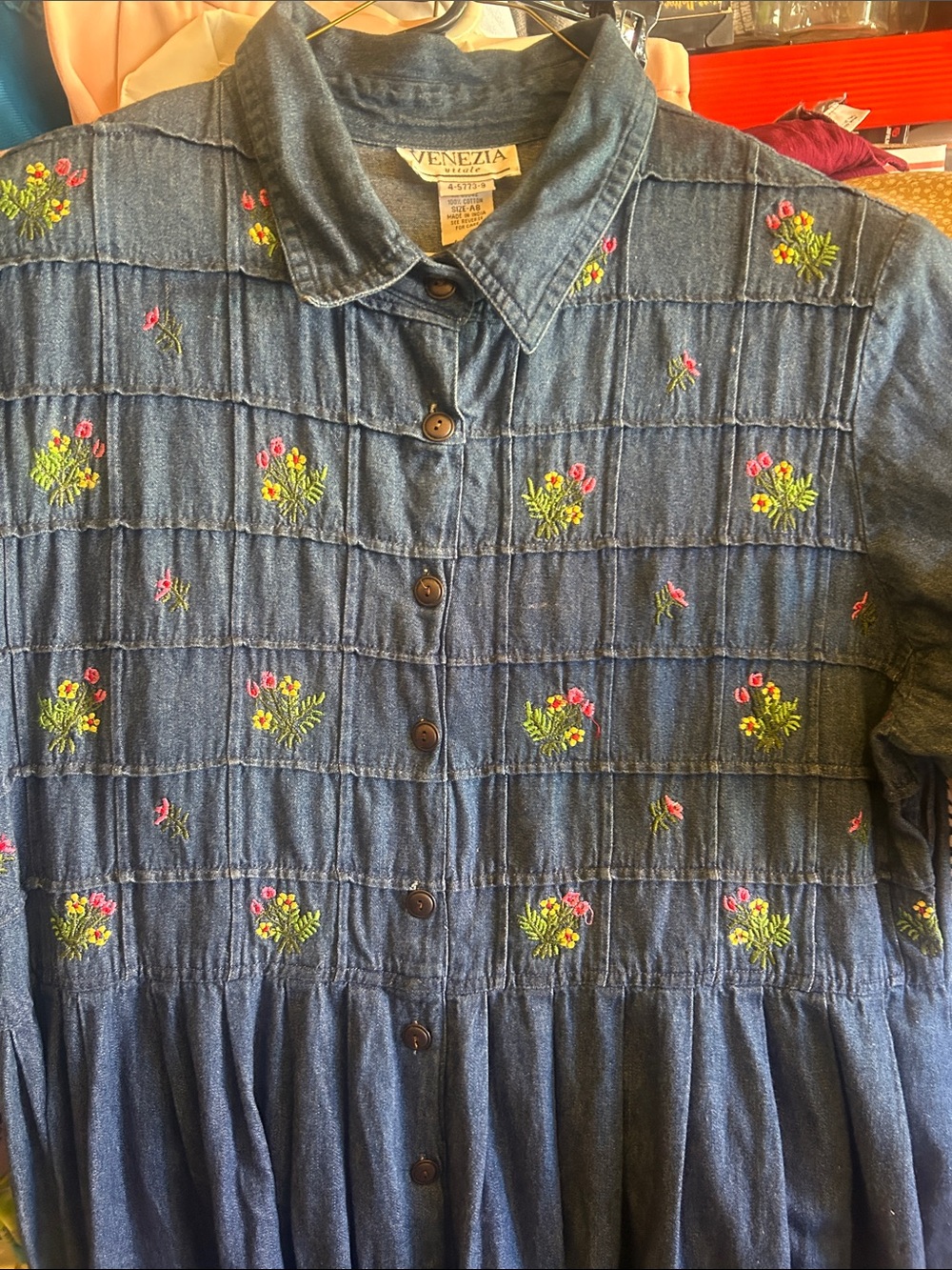 Vintage Venezia Blue Denim Button-Front Dress Floral Embroider size A8 cottage - Picture 2 of 5